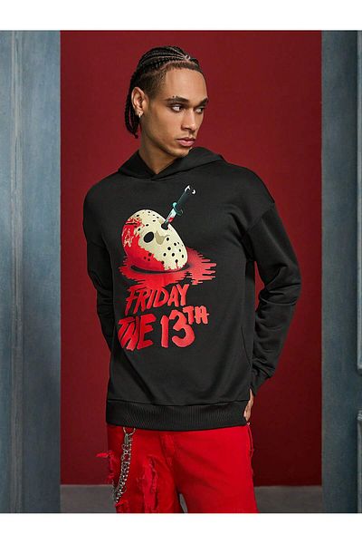 aynewmoda Петък 13-ти Черен оверсайз суитшърт с качулка - Суитшърт с щампа отпред