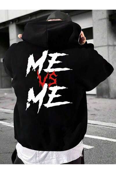 aynewmoda Me Vs Me Black Oversize Hooded Sweatshirt - Front and Back Printed