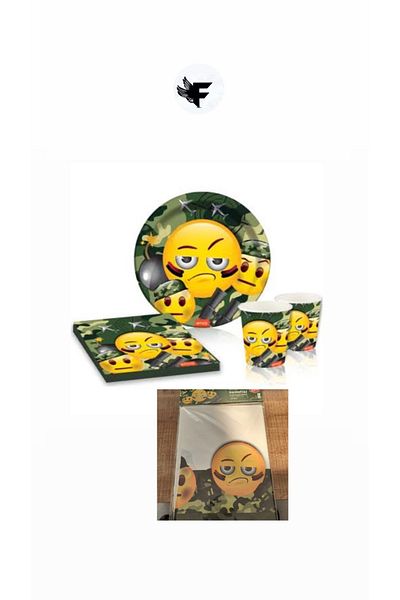 FİGANLAR Roll up 8 Seater -Emoji Camouflage- Cardboard Plate Cup Tablecloth Napkin
