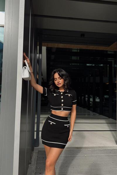 mylove Gyöngygombos kötöttáru szoknya öltöny fekete