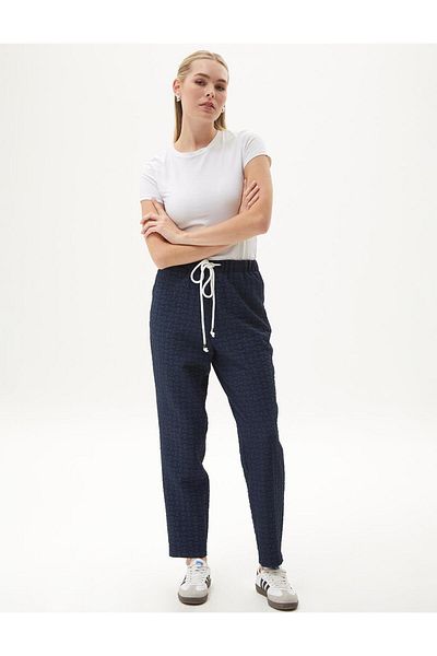 Kayra Navy Blue Textured Trousers - Elastic Waist