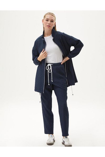 Kayra Navy Blue Textured Trousers - Elastic Waist