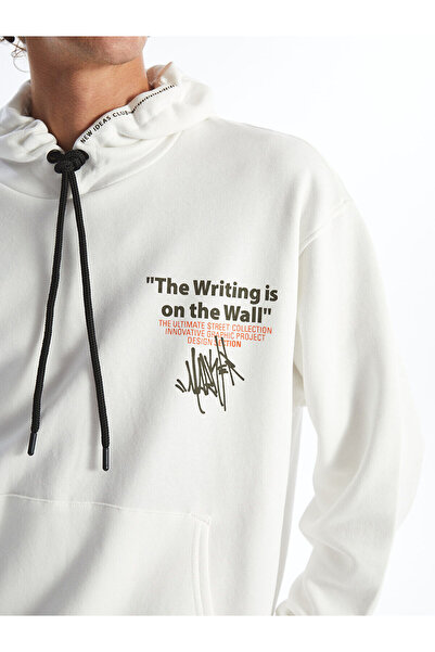 LC Waikiki Ανδρικό φούτερ με κουκούλα LCW Ecru - Casual, μακρυμάνικο και με στάμπα