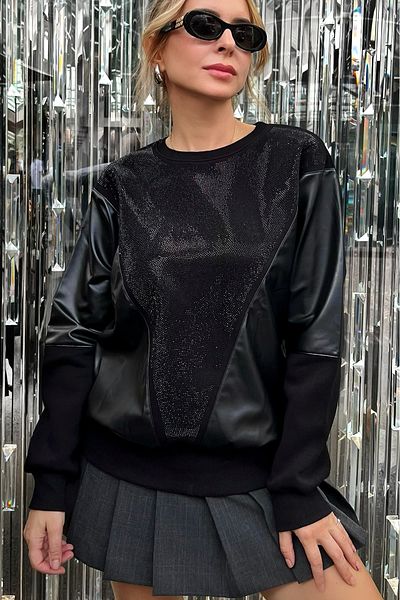 RICH GLAM Plus Size Comfortable Stylish Sweatshirt - Three Thread Cotton, Leather Crystal Stone Detail