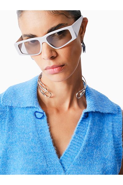 KNTLGY Blue Polo Neck Sleeveless Crop Sweater