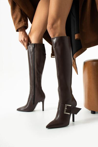 MissPapatya Cizme de damă subțiri și cu toc înalt maro