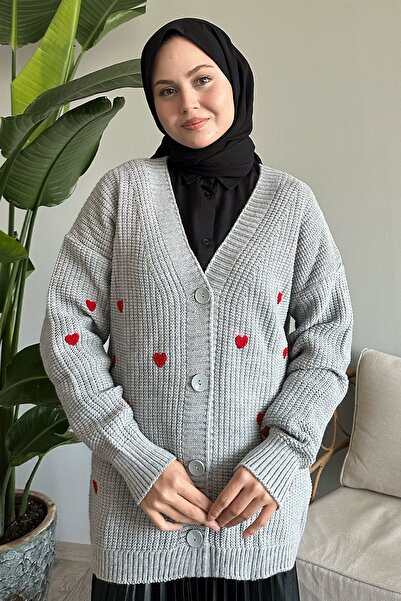 InStyle Šedý pletený cardigan - se vzorem srdce