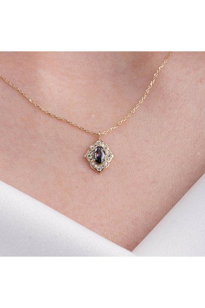 FasekGold Altın Kolye - Vintage Mistik Topaz Taşlı Minimal Tarz Tasarım 14 Ay...