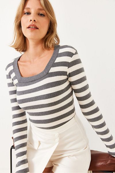 Bianco Lucci Women's Striped U Neck Raised T-Shirt 0010