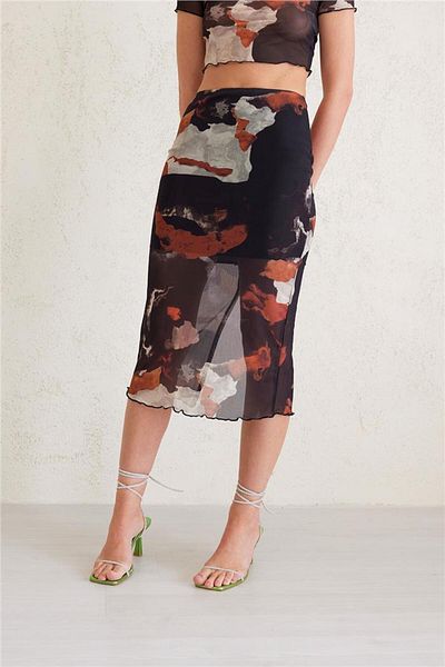 Avrile Beige Patterned Women's Tulle Skirt
