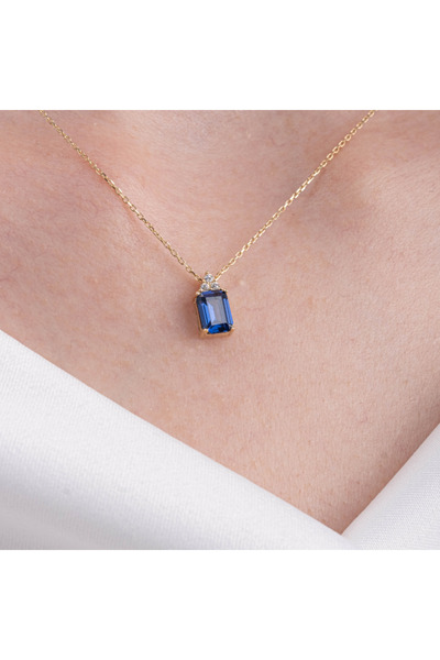 FasekGold Altın Kolye - Baget Safir Taşlı Zarif Tasarım 14 Ayar Altın Kolye