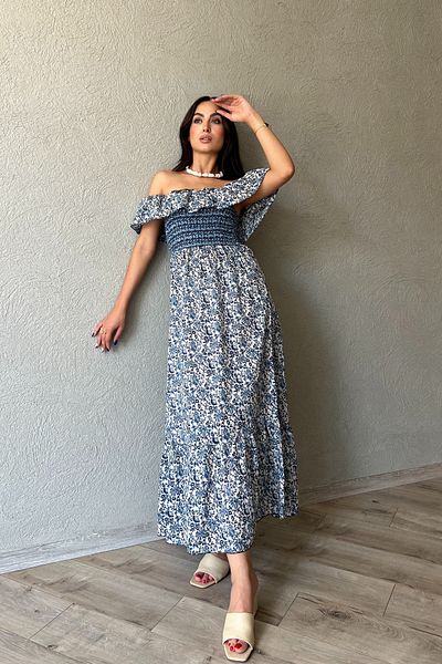 Seda Yalçın Atelier Blue Madonna Collar Patterned Gimped Dress