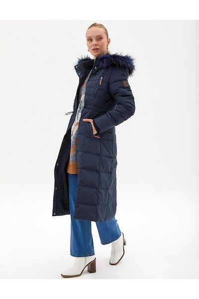 Kayra Goose Feather Filled Long Coat Navy Blue