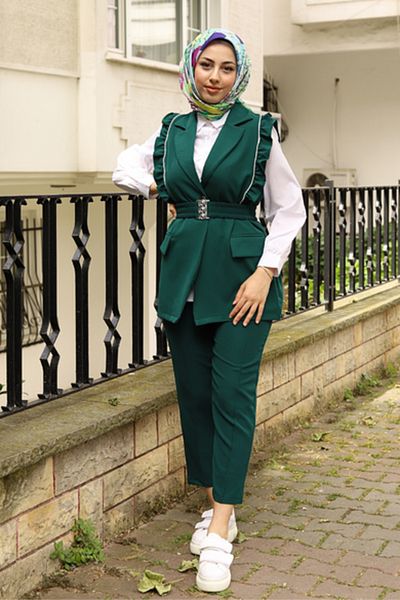 Moda Palmiss Women's Emerald Green Belt Detailed Hijab Set