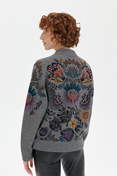 Desen Triko Γυναικείο μάλλινο μπουφάν καπνιστό πολύχρωμο λουλουδάτο σχέδιο - γιακάς δικαστή