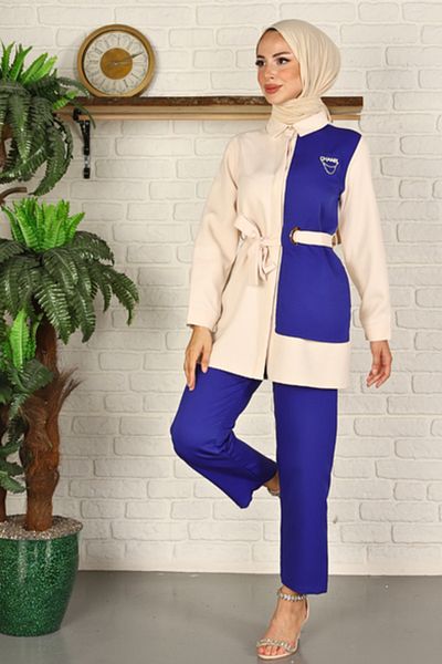 Moda Palmiss Women's Blue Waist Belted Hijab Set