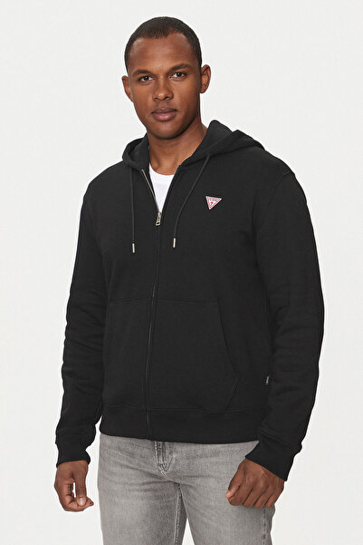 Guess Erkek GJ İnce Fermuar Kapüşonlu Sweatshirt - Siyah