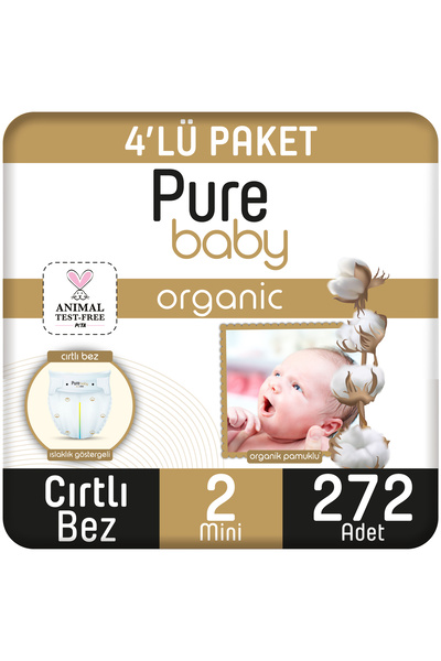 Pure Baby Organik Pamuklu Cırtlı Bez 4'lü Paket 2 Numara Mini 272 Adet