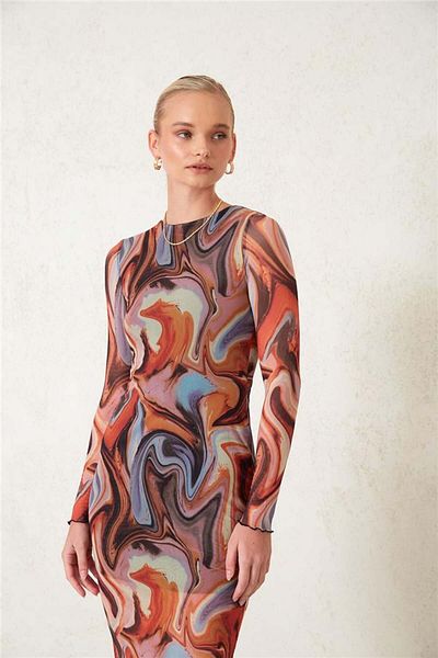 Avrile Orange Patterned Women's Tulle Dress