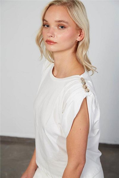 Avrile Ecru Women's T-Shirt - Shoulder Button Detail