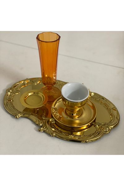 Elzemm store Artnova Service - 30 cm Steel Gold Embroidered Lace Patterned Tray