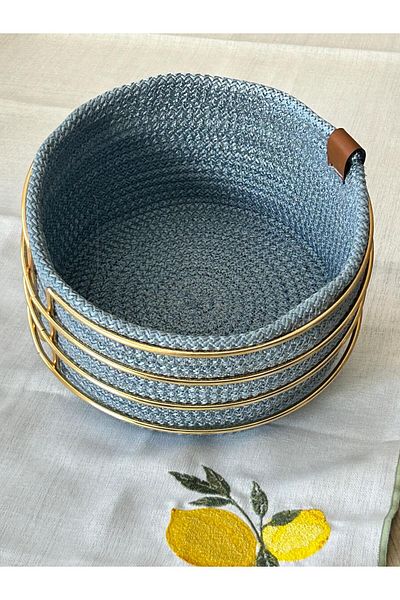 Edora Home Stylish Blue Macrame - Gold Round Bread Basket, Stainless Metal, Multi-Purpose