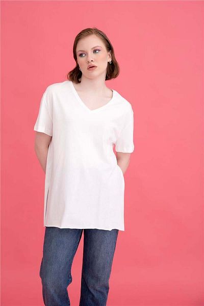 Avrile Ecru Color Women's V-Neck Basic T-Shirt