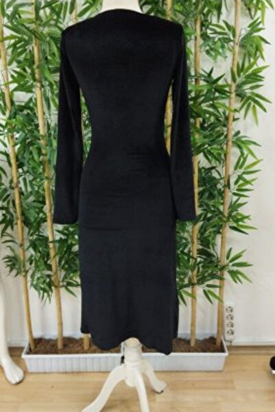 Mossta Černé midi sametové šaty - dvojitý límec a detail se stahovací šňůrkou v pase