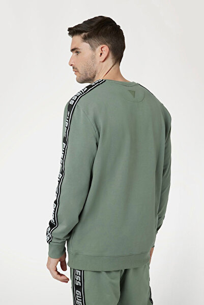 Guess Erkek ARLO CN Kolları Şeritli Önde Logo Sweatshirt - Yeşil