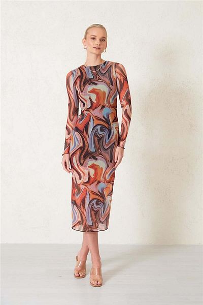 Avrile Orange Patterned Women's Tulle Dress