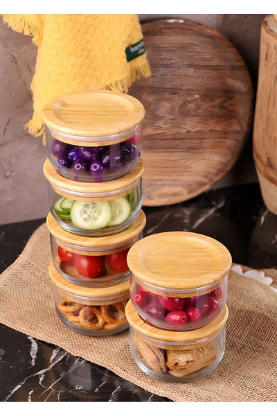 Atbyhome Duo 300ml 6-Piece Bamboo Vacuum Glass Breakfast Set with Lid
