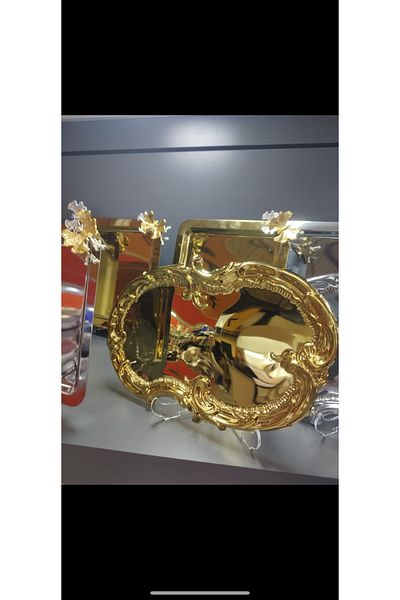 Elzemm store Artnova Service - 30 cm Steel Gold Embroidered Lace Patterned Tray