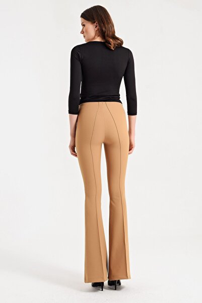 Jument Yüksek Bel Ön Arka Dikişli İspanyol Paça Tayt Likralı Kumaş Pantolon-Camel