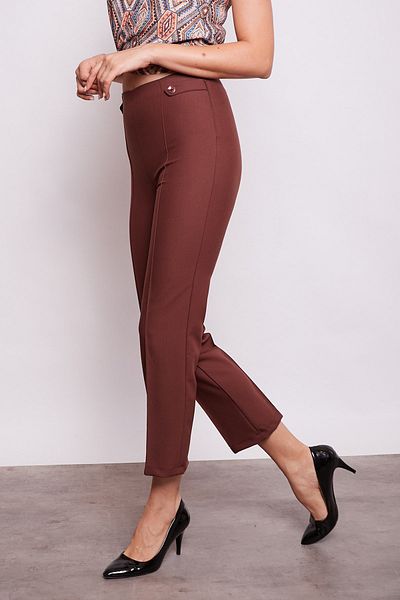 Jument Women's High Waist Stitched Front Epaulette Waist Buttoned Tube Leg Fabric Trousers - brown