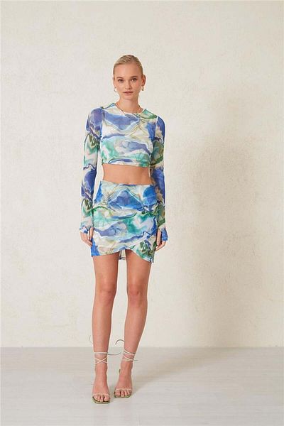 Avrile Blue Patterned Women's Tulle Blouse