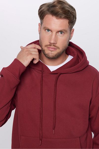 Tudors Unisex Oversize φαρδιά κομμένη βαμβακερή μαλακή υφή Basic φούτερ Claret Red Hooded με Fleece μέσα