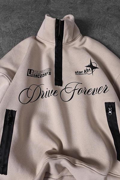 Slatra Men's Beige Drive Forever Half Zipper Oversize Sweatshirt