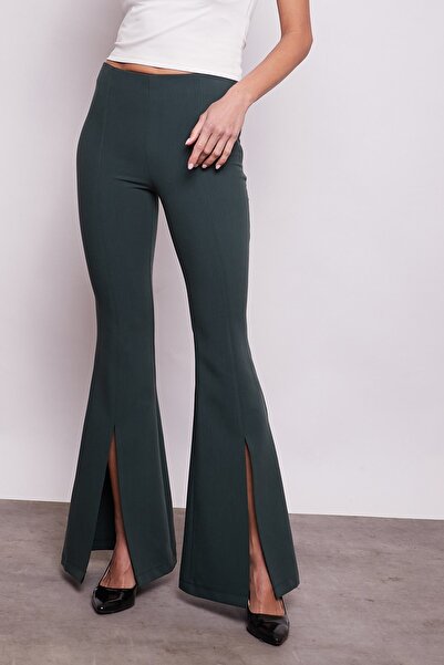Jument Pantaloni pentru femei talie înaltă cu cusătură în față cu fantă evazat L material elastic - Smarald