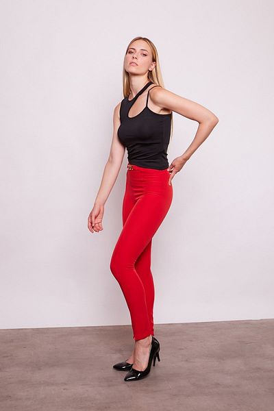 Jument High Waist Accessory Buckle Detailed Lycra Cotton Stylish Fabric Trousers-red