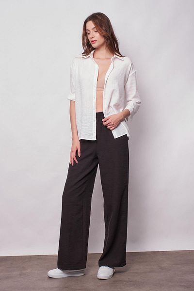 Jument Linen High Waist Elastic Waist Side Pocket Wide Leg Trousers - Black