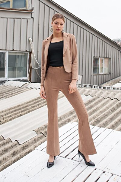 Jument Suede Stretch Fabric Fabric High Waist Front Back Stitched Isanyol Leggings Trousers-Mink