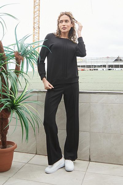 Jument Pantaloni de mers cu buzunare laterale cu talie înaltă din material textil modal de primăvară (cod bluză 20465)-negru
