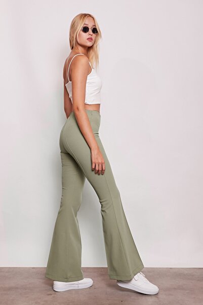 Jument Yüksek Bel Ön Arka Dikişli İspanyol Paça Tayt Likralı Kumaş Pantolon-A.Haki