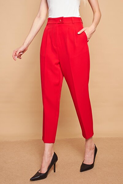 Jument Yüksek Bel Pileli Cepli Boyfriend Hafif Likralı Kumaş Pantolon-Kırmızı