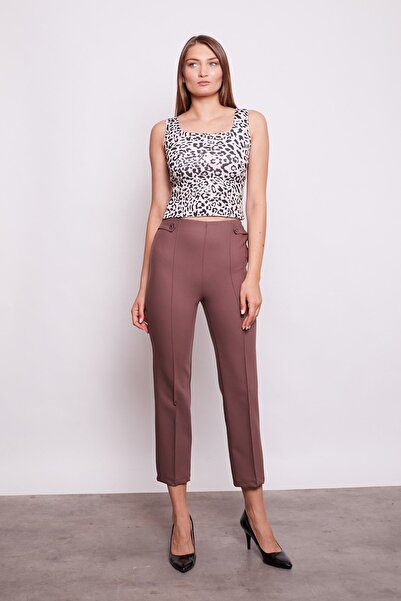 Jument Γυναικείο υφασμάτινο παντελόνι με ψηλή μέση, ραμμένο μπροστά, με κουμπιά και λουράκια στη μέση - Καφέ γαλακτώδες