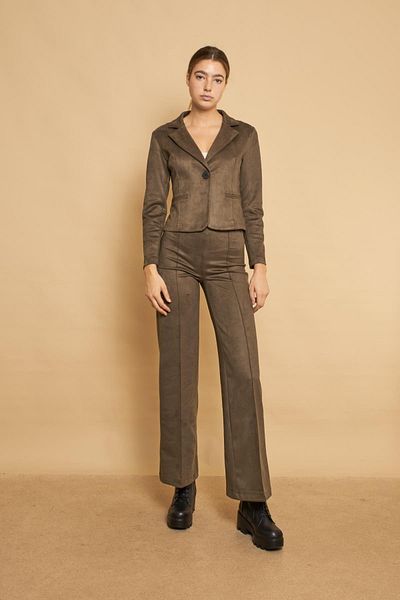 Jument Pantaloni Palazzo cu talie înaltă, cusături în față, cu picior lat, din lycra, piele de căprioară - kaki