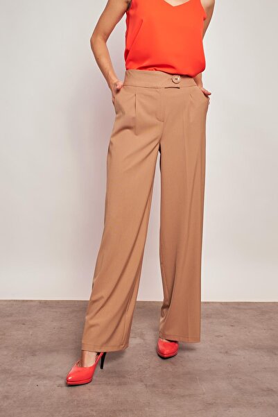 Jument Ψηλόμεση τσέπη με φαρδύ πόδι πλισέ Palazzo κομψό υφασμάτινο παντελόνι-καμέλα