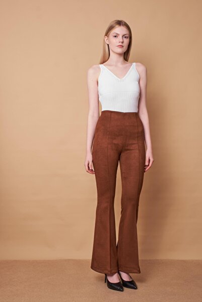 Jument Suede Stretch Fabric Fabric High Waist Front Back Stitched Isanyol Leggings Trousers (Jacket 30071)-Coffee