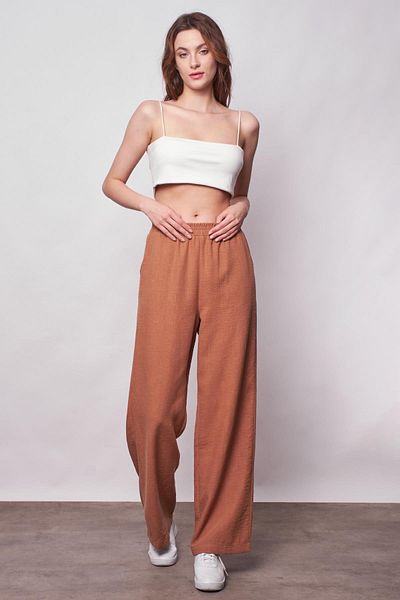 Jument Linen High Waist Elastic Waist Side Pocket Wide Leg Trousers -Camel