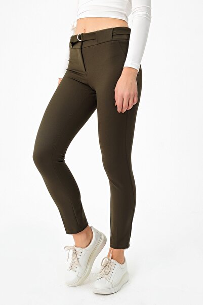 Jument Thick Belted D Buckle Stretch Fabric Ankle Length Fabric Trousers-Khaki